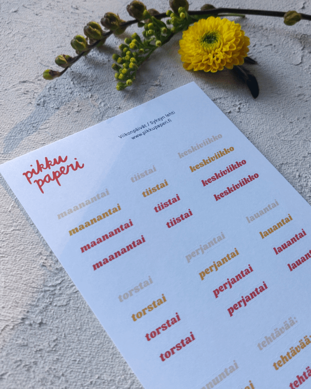 Viikonpäivät, syksyn lehti | Tarra-arkki